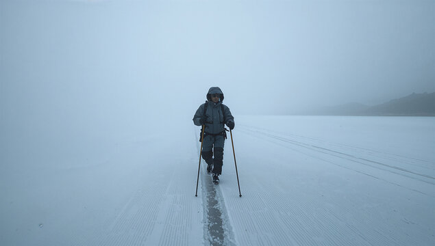 厳しい雪原を遠征する日本人トレッカーの冬の冒険写真