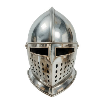 Close up of a medieval knight's helmet with visor on a white background