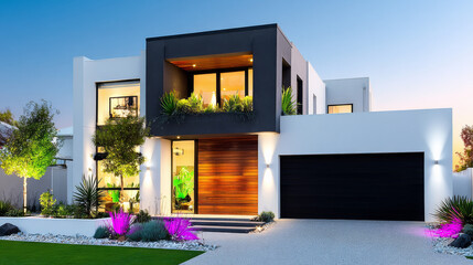 Stunning Modernist Home Exterior at Dusk with Warm Interior Lights and Vibrant Garden Illumination
