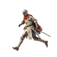 Obraz premium Crusader knight in full armor mid-air jumping with sword isolated on white background