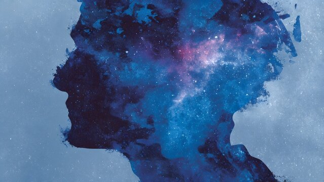Detailed man&rsquo;s head silhouette, brain illustrated as layered galaxies with orbit lines, minimal clinical layout