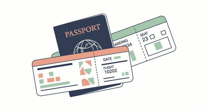 Travel documents on a white background.
