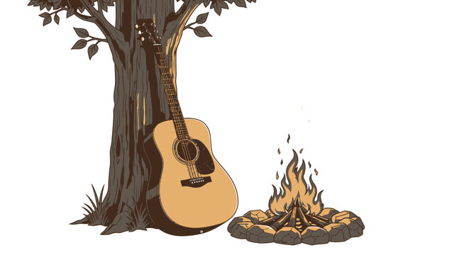 guitar leaning on tree by campfire.