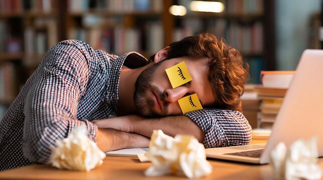 Exhausted male student with sticky notes on eyes fake sleep at desk in library while studying late, with laptop and crumpled papers nearby