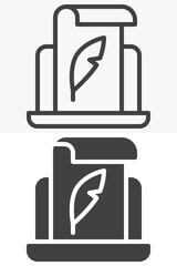 Laptop with scroll and feather pen icon. Line outline and solid icon set, editable stroke vector sign and symbol. Laptop icon for writing work.