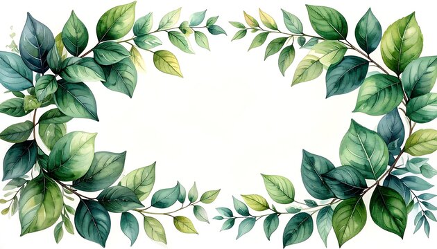 Watercolor depiction of verdant leaves and branches forming a symmetrical floral frame