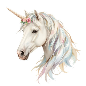 Watercolor headshot of a unicorn with a flower crown and flowing multi-colored mane