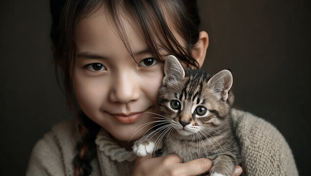 ぬくもりのある服で子猫を抱く日本人の女の子の秋冬写真