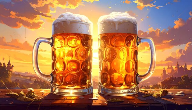 Two overflowing beer steins sit on a wooden table, sun setting on hills