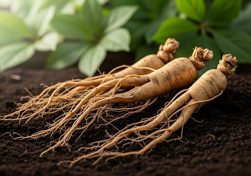 Freshly harvested american ginseng roots resting on dark fertile soil with green leaves in the background, representing organic herbal medicine and traditional wellness.