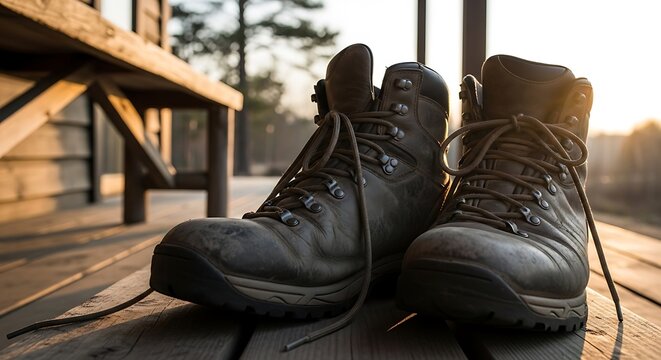 a pair of black leather hiking boots.
