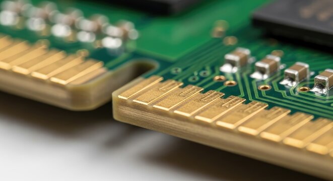Close-up of a computer memory modules gold connectors.