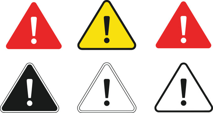 Warning sign collection with exclamation mark symbols, caution alert icons, safety hazard artwork, danger triangle design, attention signal, flat vector illustration