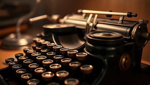keystroke. Close-up of a vintage typewriter with brass details, softly lit by a warm desk lamp. product launch decks, UI/UX mockups, designed for product launches and innovation pitches.