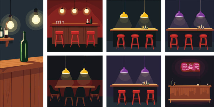 Bar interior scenes set with stools, tables, lighting and drinks cozy nightlife pub vector illustration collection