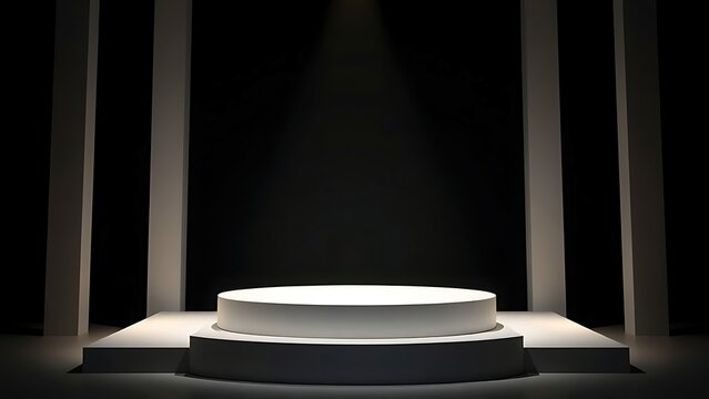 lamellar. Empty award podium with a spotlight on the center position, dark background, simple structure. event key visuals, club posters, designed for fitness apps and gym onboarding.