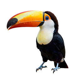Obraz premium Colorful toucan stands isolated against white backdrop in eye-level studio shot