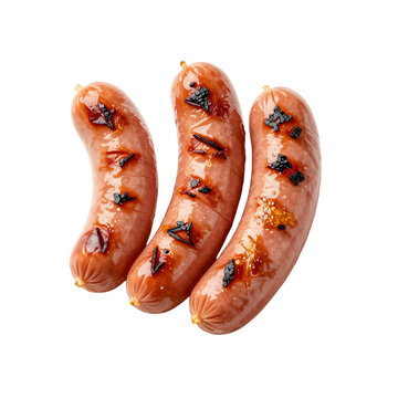 Grilled sausages are displayed on a white background ready for consumption
