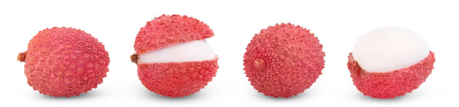 Lychees set. Whole pink juicy lychee, half of lychee and opened lychee isolated collection.