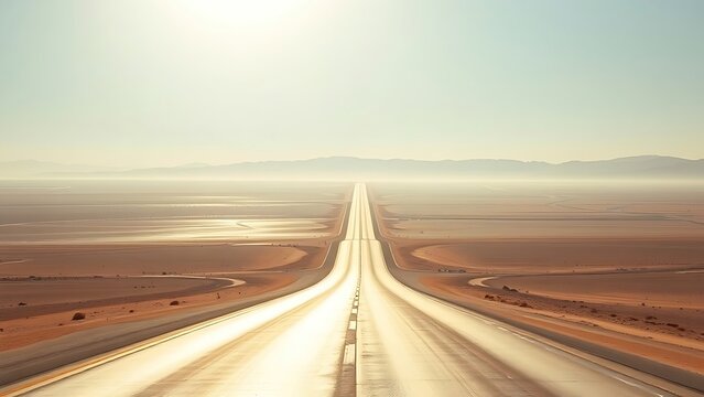 cynic. A long desert highway under a harsh sun with heat haze on the horizon. travel magazines, destination branding, designed for outdoor magazines and nature guides, used by social media managers.