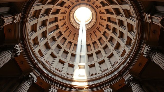 discordant. Interior of a cathedral dome with a single beam of sunlight from above. real-estate listings.