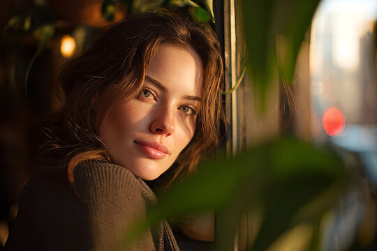 Young female model leaning against a window at golden hour, soft half - smile, brown knit sweater and green leaves framing sunlit face