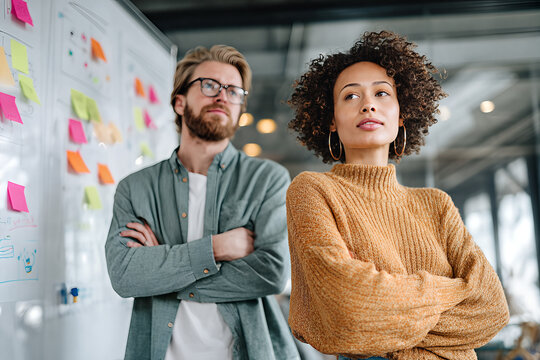 Young female UX designer in mustard knit sweater with folded arms and thoughtful gaze, standing with bearded male colleague by sticky - note whiteboard