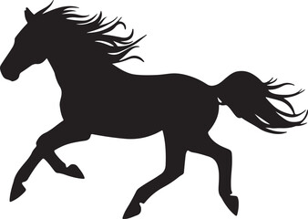 Obraz premium A black silhouette of a horse running with its mane and tail flowing in the wind on a white background