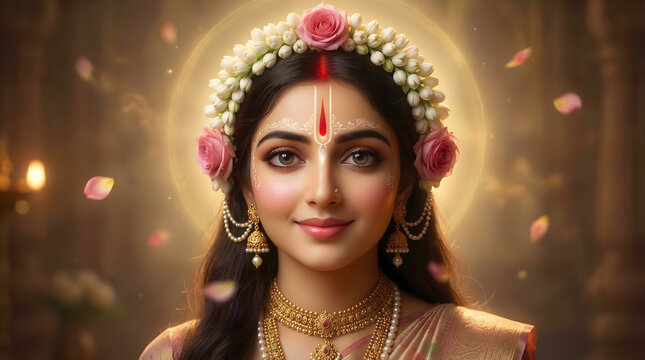 Radha portrait rose jasmine garland tilak petals divine illustration background wallpaper design