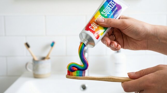 Colorful Toothpaste Squeezed onto Wooden Toothbrush in Modern Bathroom