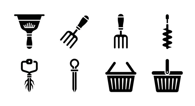 Set of Garden Tools Icons: Funnel, Fork, Trowel, Auger, Dibber, Baskets