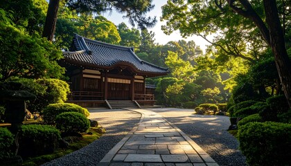 Fototapeta premium Serene Japanese Garden Pathway Leads to Traditional Wooden Pavilion