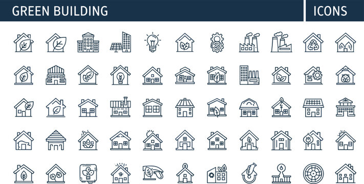 Green building outline icon set featuring eco houses renewable energy sustainability smart home architecture editable minimal vector collection