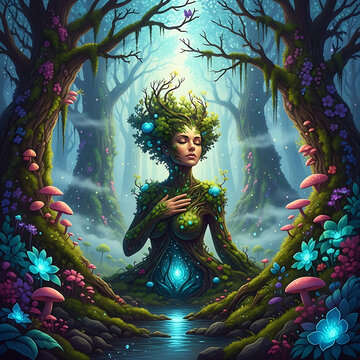 A mystical forest spirit manifesting from tree bark and vibrant flora in a serene woodland clearing