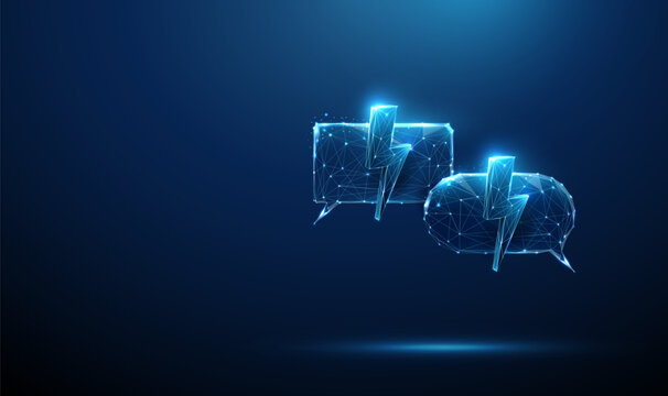 3d two speech bubbles with lightning bolts. Instant messaging exchange, rapid dialogue, high-speed communication, real-time interaction, urgent notifications concept.