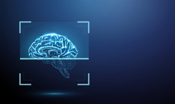 3d human brain inside digital scanning frame. Neurological examination, brain activity analysis, MRI-style imaging, cognitive function assessment, disease detection concept.