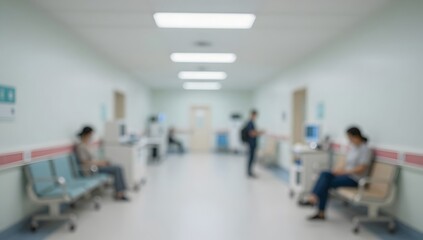 Fototapeta premium Blurred view of people waiting in a hospital hallway with benches and medical equipment