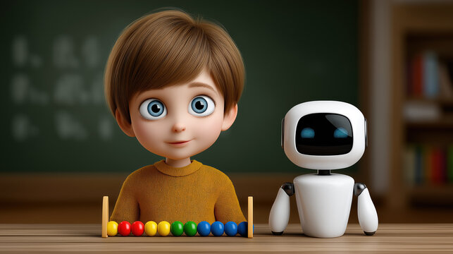 Cute child learning math with educational robot and colorful counting beads STEM education technology classroom concept