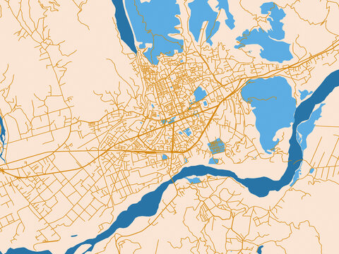 Urban map poster of Elbasan, Albania with soft ivory map base with ochre-gold streets and clear blue water shapes for crisp contrast