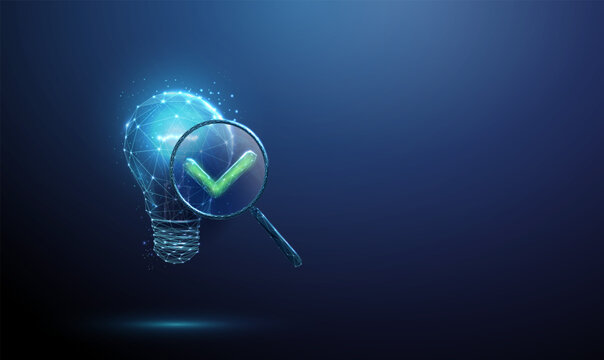 3d light bulb, magnifying glass with green check mark. Verified idea, successful innovation, insight, confirmed inspiration, brainstorming, creative process concept.