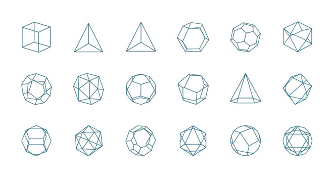 Geometric solids and platonic shapes arranged in a grid pattern