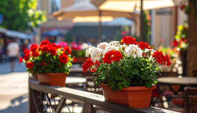 Sunny exterior cafe scene, potted geraniums on balcony rail, blurred background with awnings