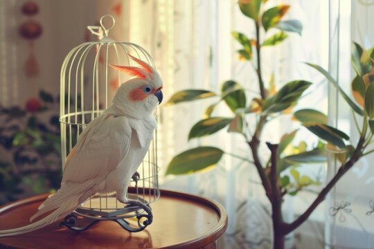 Budgie enjoying freedom outside its cage in a sunny room