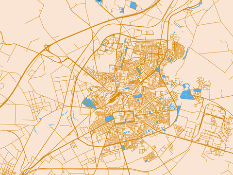 City map of Sidi Bel Abbes, Algeria &mdash; soft ivory map base with ochre-gold streets and clear blue water shapes for crisp contrast