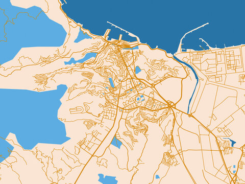 Street map of Skikda, Algeria in golden linework with blue water