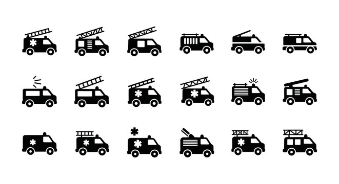 Emergency Vehicles Icons Set: Ambulance, Fire Truck, Police Car - Vector Graphics