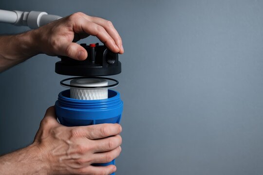 Installing water filter cartridge inside housing with threaded cap showing maintenance of clean filtration system