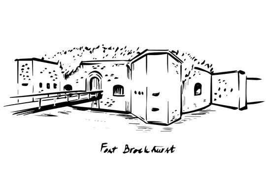 Fort Brockhurst Portsmouth ink illustration, hand drawn historic military fort landmark in Portsmouth UK, line art architecture for travel design, map, guide, print, and heritage themed projects