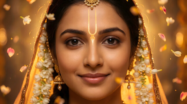 Radha portrait jewelry tilak floral bokeh devotional divine illustration background wallpaper design