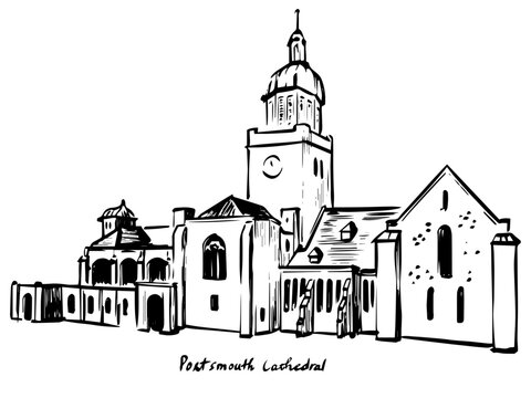 Portsmouth Cathedral ink illustration, hand drawn historic church landmark in Portsmouth UK, detailed line art architecture for travel design, print, map, guide, and postcard projects
